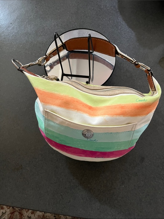 Coach Handbags - Coach Striped Canvas Shoulder Bag in Multicolor Pastels EUC.  Y2K